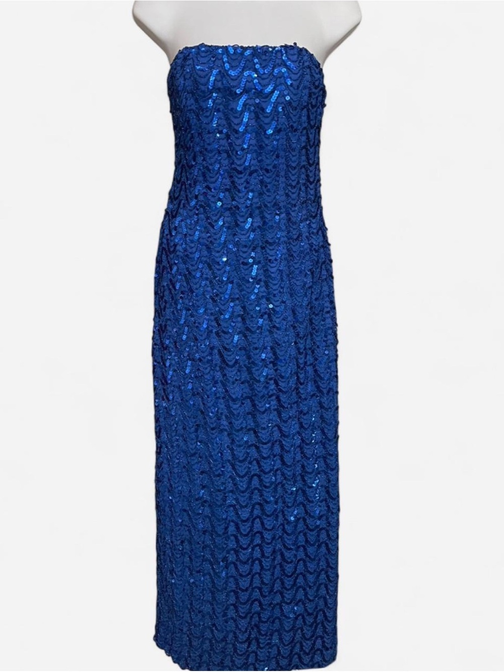 Mike Benet Vintage 70s Strapless Royal Blue Sequin Evening Maxi Dress Size XS